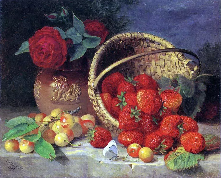 basket-strawberries-cherries-butterfly-red-roses-in-vase-on-stone-ledge-by-elois A Basket of Strawberries, Cherries, a Butterfly and Red Roses in a Vase on a Stone Ledge by Eloise Harriet Stannard - Hand-Painted Oil Painting on Canvas
