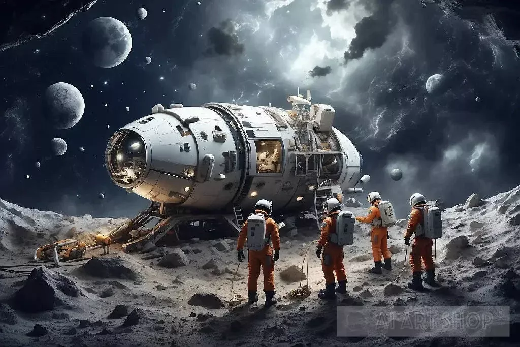 illustrate-scene-where-team-astronauts-repairing-there-space-ship-on-moon-strong " illustrate a scene where team of astronauts repairing there space ship on moon and strong storm going on and there are everything blowing here and there.